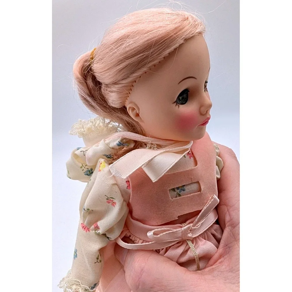 Vintage 11 Inch Collectible Doll Floral Lace Dress Pink Pinafore Bonnet Blonde